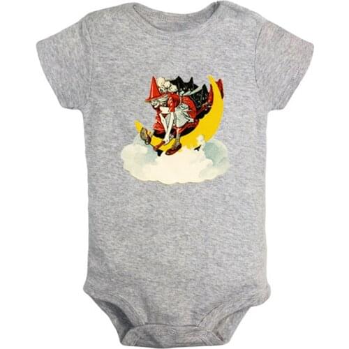 Retro Vintage Halloween Flying Witch Double Ax Printed Newborn Baby Girl Boys Clothes Short Sleeve Romper Outfits 100% Cotton