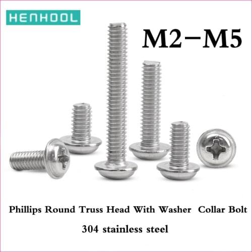 Cross Phillips Pan Round Truss Head With Washer Padded Collar Screw Bolt 304 stainless steel PWM2M2.5M3M4M5 Computer Case Screw
