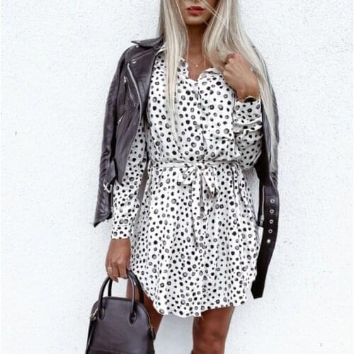 Leopard Summer Womens Dress Printed Long Sleeves Waisted Lace Up Dots Ruffled Sexy Dress Suit Mini Autumn Dress for Nightclub