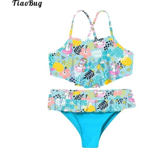 TiaoBug Summer 2Pcs Kid Girl Bikini Suit Spaghetti Straps Criss Cross At Rear Ruffle Hem Tube Top With Bottom Set Beach Swimwear