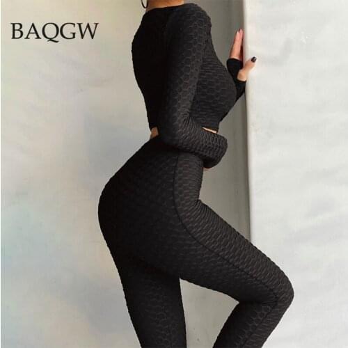 Summer Autum 2021 New Solid Long Sleeve O Neck High Waist Workout Sweat Suit Womens Sportswear Leggings Skinny Black Outfits