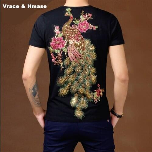 Chinese style embroidery peacock pattern fashion slim short sleeve t-shirt Summer 2017 New high-quality cotton t shirt men M-5XL