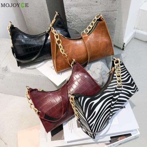 Fashion Women PU Leather Alligator Zebra Pattern Shoulder Underarm Hobos Bag Vintage Zipper Ladies Chain Handbags Purse