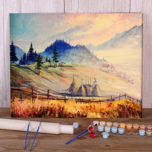 Landscape Autumn Fog Coloring By Numbers Painting Complete Kit Acrylic Paints 50*70 Canvas Pictures New Design Wholesale