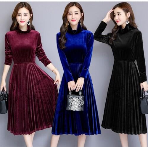 2020 autumn and winter new gold velvet dress womens ladies high collar long-sleeved long pleated M ---3XL