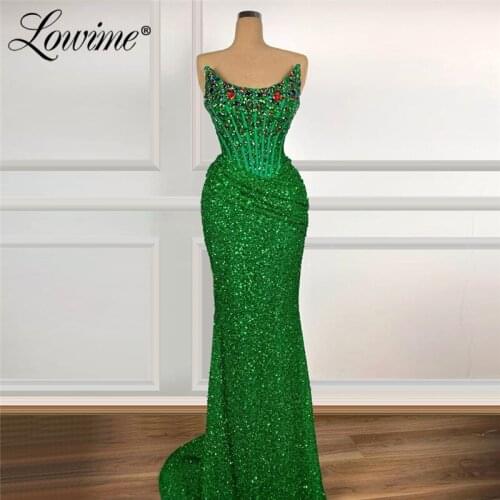 Dubai Formal Dress Green Beads Strapless Prom Dresses Long Arabic Crystal Middle East Evening Gown Celebrity Party Dress 2020