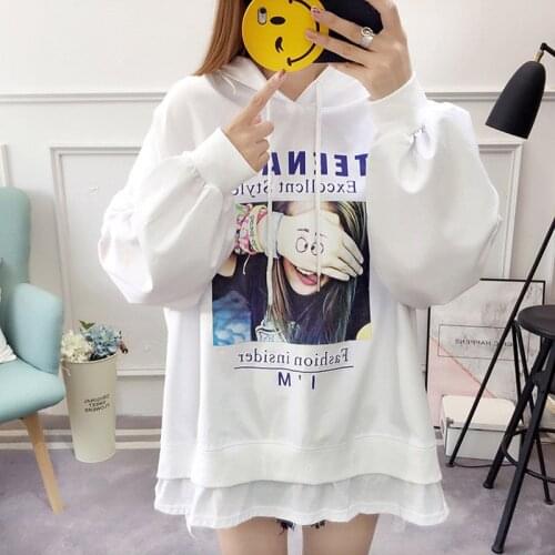 Autumn New Korean Fashion Large Size Hoodies Pullovers Fake Two Women Printing Loose Hooded Long-sleeved Sweatshirts Female W096