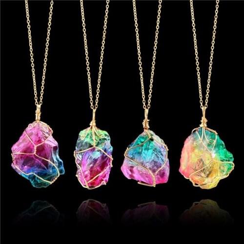 Seven Color Necklace Natural Raw Stone Winding Crystal Pendant Transparent Multicolor Chain Necklace Jewelry
