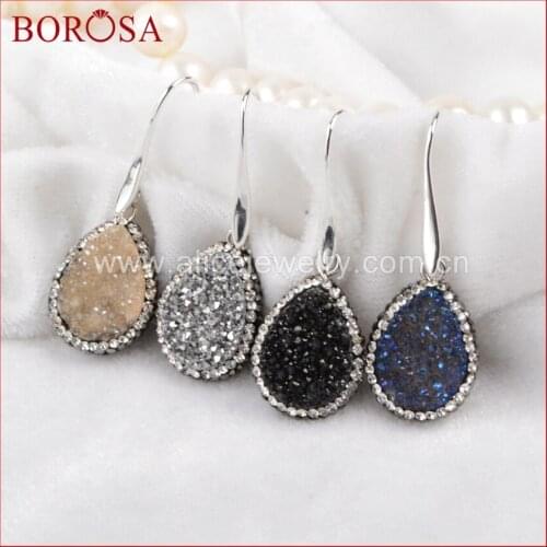 BOROSA druzy dangle earrings teardrop titanium drusy crystal quartz charm earrings pave cz gems drop earrings DIY jewelry JAB467