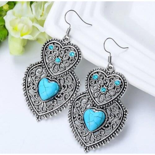 SHUANGR Vintage Heartstone Blue Natural Stone Double Heart Crystal Drop Earrings For Women Fine Jewelry Accessories femme