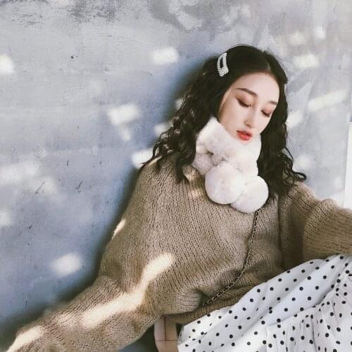 Rabbit hair ball scarf womens winter plain cross warm neck head scarf headwraps for women fashion scarf long scarf