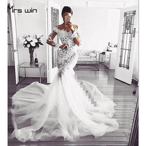 Mrs win Wedding Dress Boat Neck Mermaid Wedding Dresses Elegant Long Sleeve Lace Vestido De Noiva Train Bridal Gowns HR013