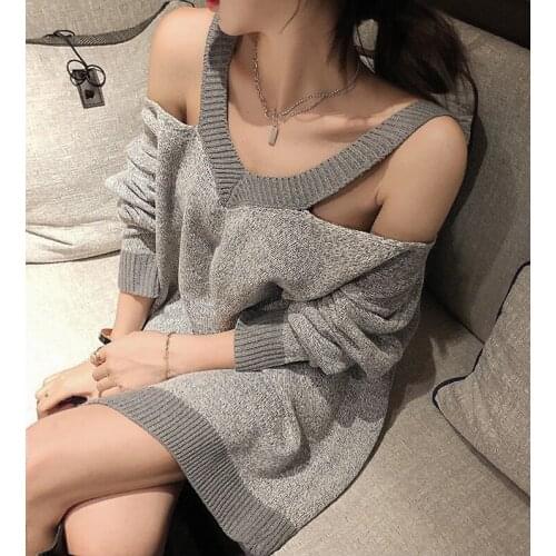 Women Deep V Neck Off Shoulder Split Loose Knit Sweaters Sexy Lady Vingtage Pullover Gary Sweaters Autumn Korean Fashion Jumpers
