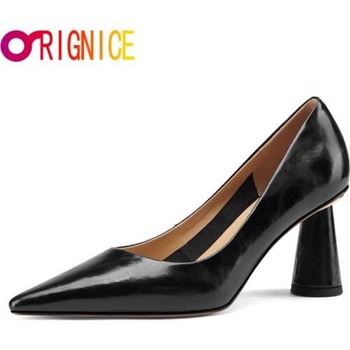 Orignice Designer Spring Autumn Women Classic Dress Shoes Cow Leather Pointed Toe Boat Shoes Round High Heels Office Pumps Beige