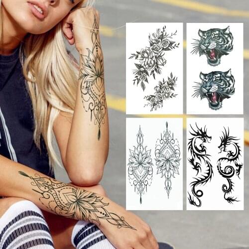 Lotus Chains Fake Temporary Tattoos For Women Girls Realistic Tiger Dragon Tattoo Paper Hands Peony Rose Flower Waterproof Tatoo