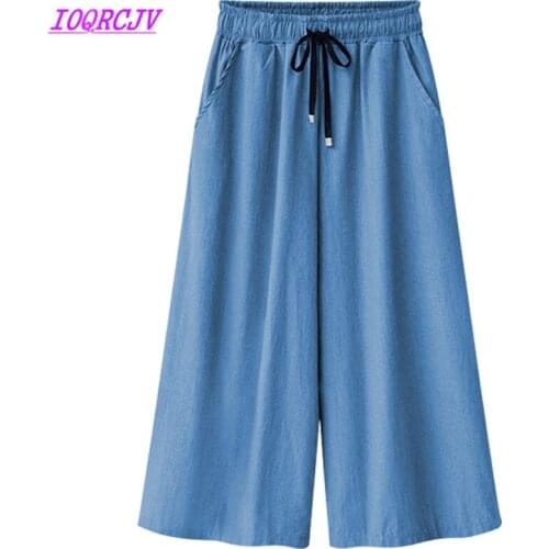 Wide leg trousers Women 2018 Plus size 5XL 6XL Summer thin jeans Belt Slim casual pants Loose Blue wide women pants IOQRCJV H287