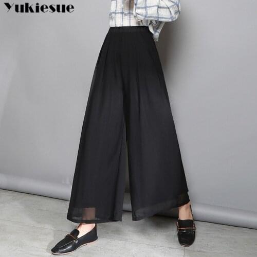 Streetwear summer 2020 pleated womens pants female high waist chiffon wide leg pants capris for women trousers woman Plus size