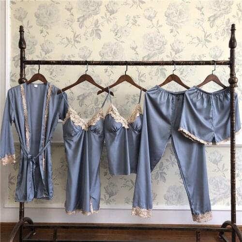 5PCS Home Clothing Satin Wedding Robe Set Intimate Lingerie Kimono Bathrobe Gown Women Summer New Nightwear Sleep Set Homewear