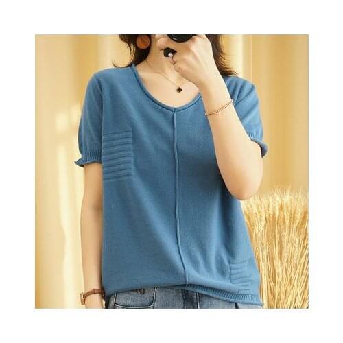 2021 New Cotton Women Knitted Sweater Skin Friendly Elastic Soft Female Pullover V-Neck Short Sleeve Sweater NS4781