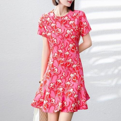 Chinese Style Women Floral Print Dresses Summer Elegant O-neck Short Sleeve Slim 100% Pure Real Silk Lady A-line Mini Dress Red