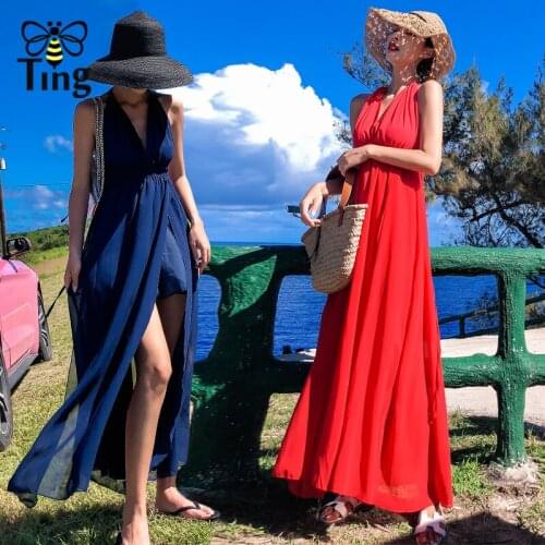 Tingfly 2019 Summer Boho Backless Cross Strap Maxi Chiffon Dress Women Sexy V neck High Waist Long Dresses Split Beach Vestidos