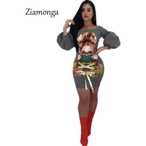 Ziamonga Character Printed Long Sleeve Bodycon Dress Women Autumn 2018 New Lace Up Long Tops Sexy Tunic Bandage Dresses Vestidos