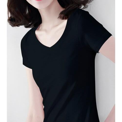Zuolunouba New Black Casual Female Tops Tees Short Sleeve Summer Solid V-neck Women T-shirts Slim