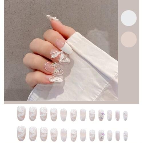24pcs French Ribbon Wear Long Paragraph Fashion Manicure Patch False Nails Save Time Wearable Nail Patch SANA889