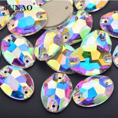 JUNAO 10x14mm 17x24mm Sewing K9 Glass Rhinestone Crystal AB Oval Strass Diamond Sew On Glass Stones for Needlework
