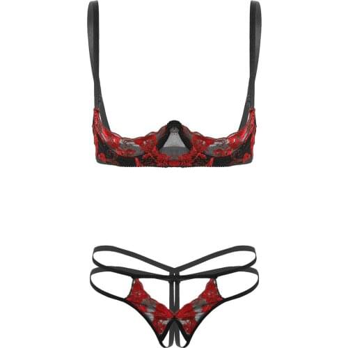 Womens Lace Lingerie Set Spaghetti Shoulder Straps Bare Exposed Breasts Underwire Bra Top with Crotchless G-string Thong Briefs