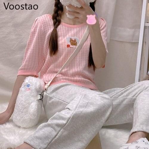 Sweet Women Summer Lolita Pink T-Shirts Kawaii Plaid Bear Graphic Short Sleeve Tees Korean Girls Blue Thin Knitted Crop Tops