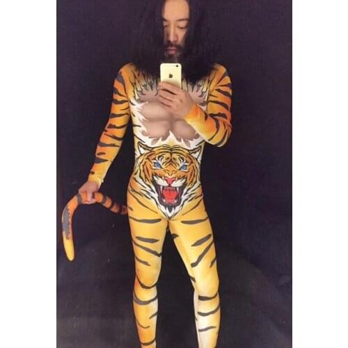 Fashion Nightclub Club Party Mens Dj Ds Jumpsuit Bodysuit Costumes Sexy Tiger PatternStage Cosplay Costumes man jumpsuits