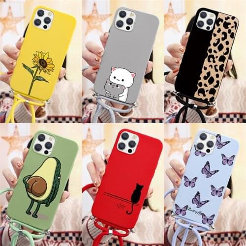 Cat Soft TPU Case For Samsung S21 Ultra S20 Plus S7 Edge A41 A12 A02s A91 A8 Note 10 Pro 20 M51 J6 Necklace Lanyard Rope Case