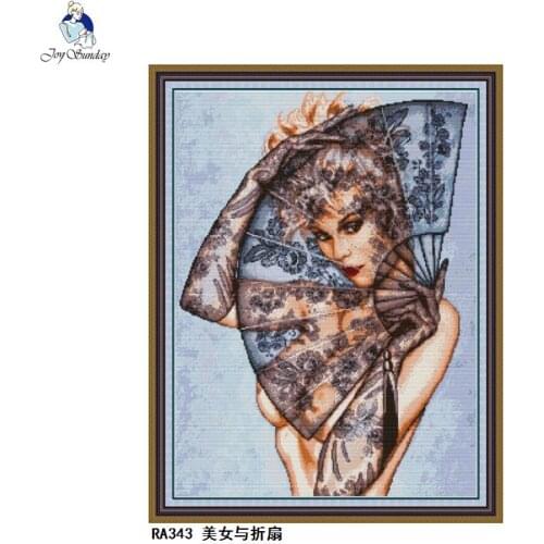 Sexy Beauty and Folding Fan Cross Stitch Kit 14ct 11ct Character Print Canvas Needlework Embroidery Set Home Decoration Painting