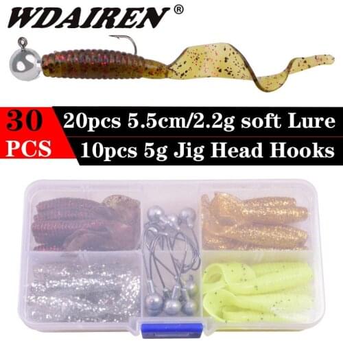 WDAIREN Fishing Soft Lure Set 30pcs Silicone Baits With Lead Jig Head Fishhook Offset Hooks Worm Carp Fishing Tackle Kit