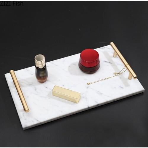 Natural Marble Trays Decorative Household Alloy Storage Tray Dressing Table Cosmetic Jewelry Display Plates Organizer Plate