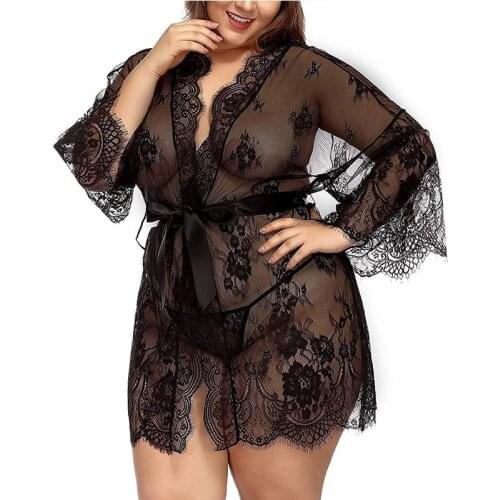 2 Pieces Plus Size Lingerie Female Sexy PajamasPlus size Transparent Bra + String Suit Sexy Bathrobe Pajamas