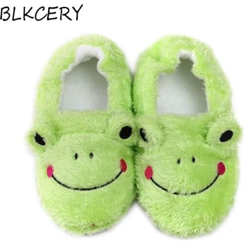 New Toddler Boy Slippers Cartoon Frog Plush Warm Shoe Little Kids Loafers Winter House Shoes Girl Soft Rubber Sole Home Footwea