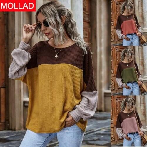 2021 New Arrival Hot Products Color Contrast Patchwork Waffle Long Sleeve Casual Top Women
