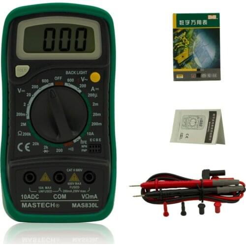 Mastech MAS830L Mini Handheld LCD Display Digital Multimeter DC Current Tester Backlight Data Hold Continuity Diode hFE Test