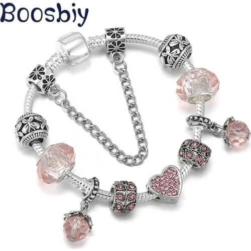 DIY Pink Leaf & Flower Charm Beads Fit Silver Color Snake Chain Charm Bracelet European Style Brand Jewelry Gift For Women