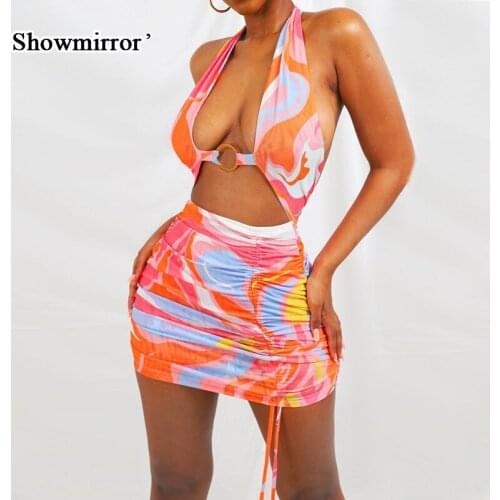 Showmirror 2021 Sleeveless Halter Bandage Dresses Hollow Out Print Sexy Mini Dress Summer Women Fashion Streetwear Outfits Y2K