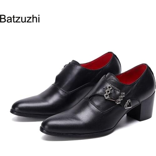 Batzuzhi 7cm High Heels Men Shoes Pointed Toe Black Genuine Leather Dress Shoes Men Buckle Strap Business Leather Shoes Male