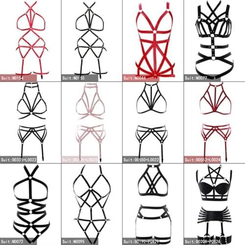 Full Body Harness Caged Bra Elastic Adjust Hollow Out Sexy Lingerie Garters Goth Pentagram Strappy Crop Tops Set Halloween Rave