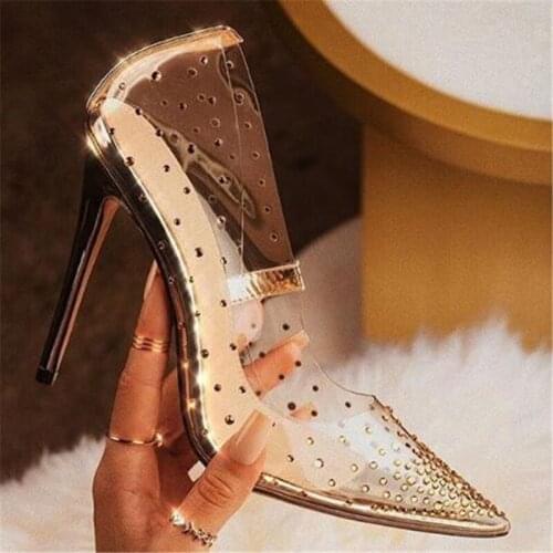 Women sandals PU Sequined Cloth Slip On 10.5CM Thin Heels High heels Pointed Toe Rhinestones Shallow women shoes size 35-42