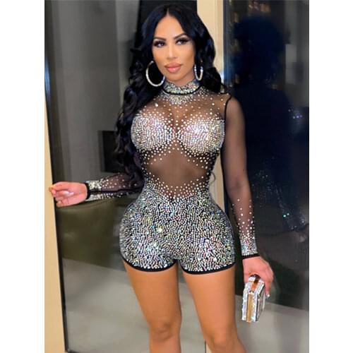 Women Rhinestone Paved Shorts Jumpsuits Sexy Mesh See Through Casual Long Sleeve Romper One Piece Playsuits 2021 Summer