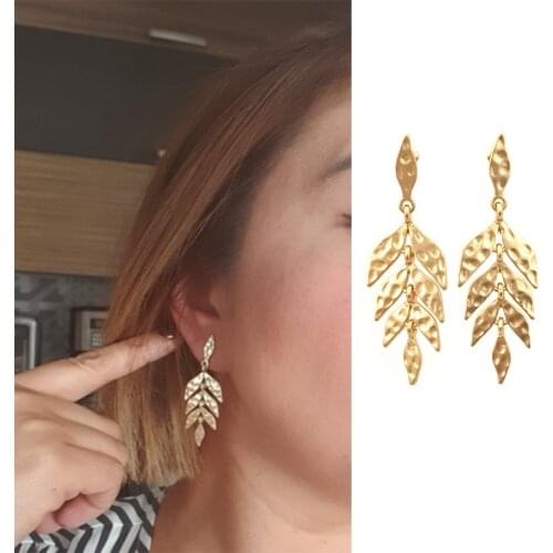 Casual Worm Gold Or Silver Color Hammered Leaf Linked Leaf Tree Drop Earrings For Women