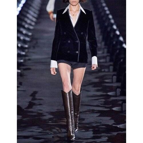 Stitching Women Velvet Blazer Leather V-Neck Long Sleeve Double Breasted Runway Jackets Vintage Office Blazer Coat