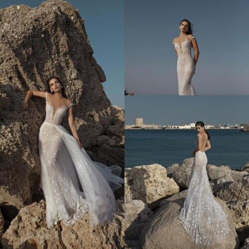 Mermaid Wedding Dresses With Detachable Train 2020 Lace Appliques Sweep Train Beach Wedding Dress Custom Made Robe De Soiree