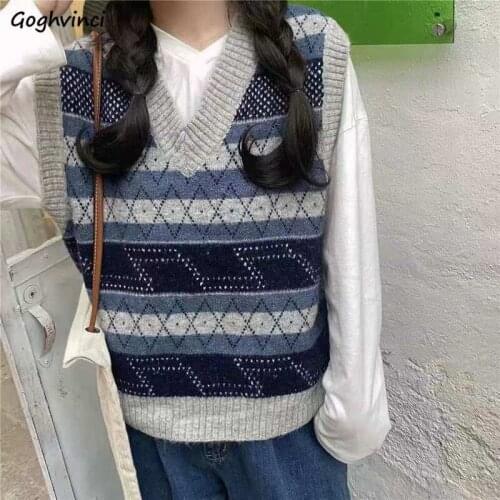 Harajuku Sweater Vest Women Argyle V-neck Couples Loose Sleeveless Jacquard Jumpers Vintage Preppy Teenager Autumn Knitted Tops